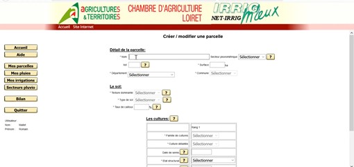 Exemple de visuel agriculteur de paramétrage de l’outil – parcelle, sol et cultures.