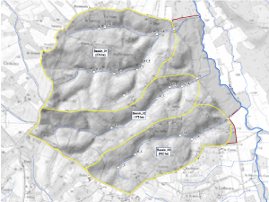 Example de découpage d’un site pilote en trois sous bassins versants de respectivement 276ha, 175ha et 162ha